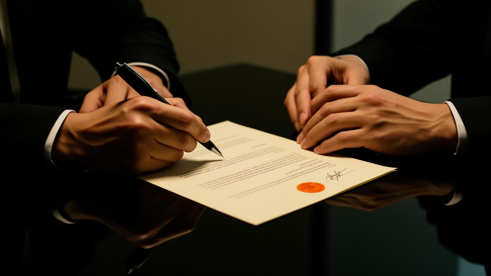 Two pairs of hands signing a contract across a black conference table